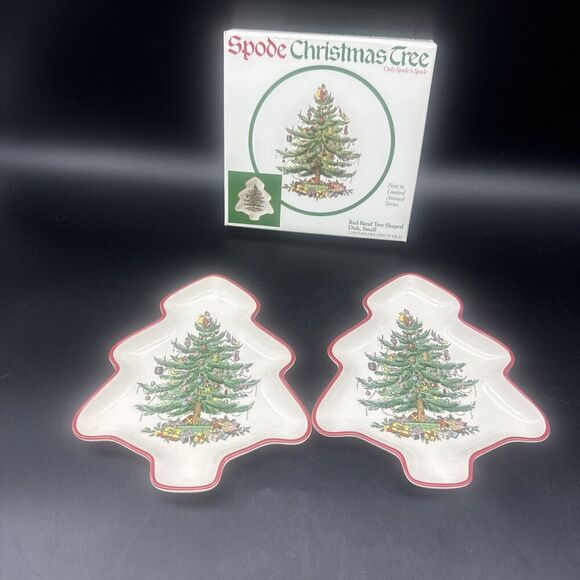 Spode Christmas Tree RED Band 1st Limited Annual Series 7.5” High #s3324U- 2 PC - Picture 1 of 4